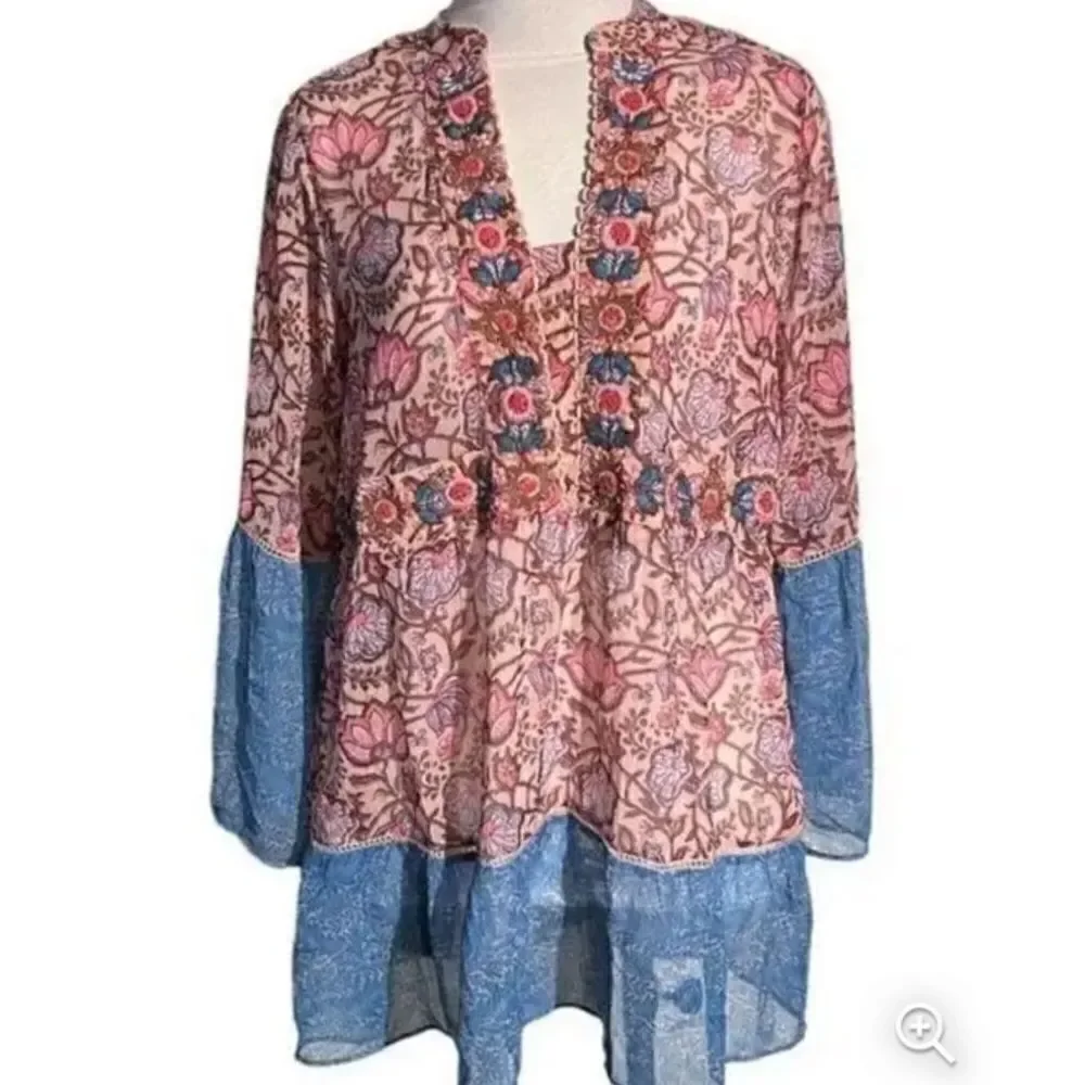 Soft Surroundings Pergola Blue Pink Floral Embroidered Sparkle Peasant Blouse